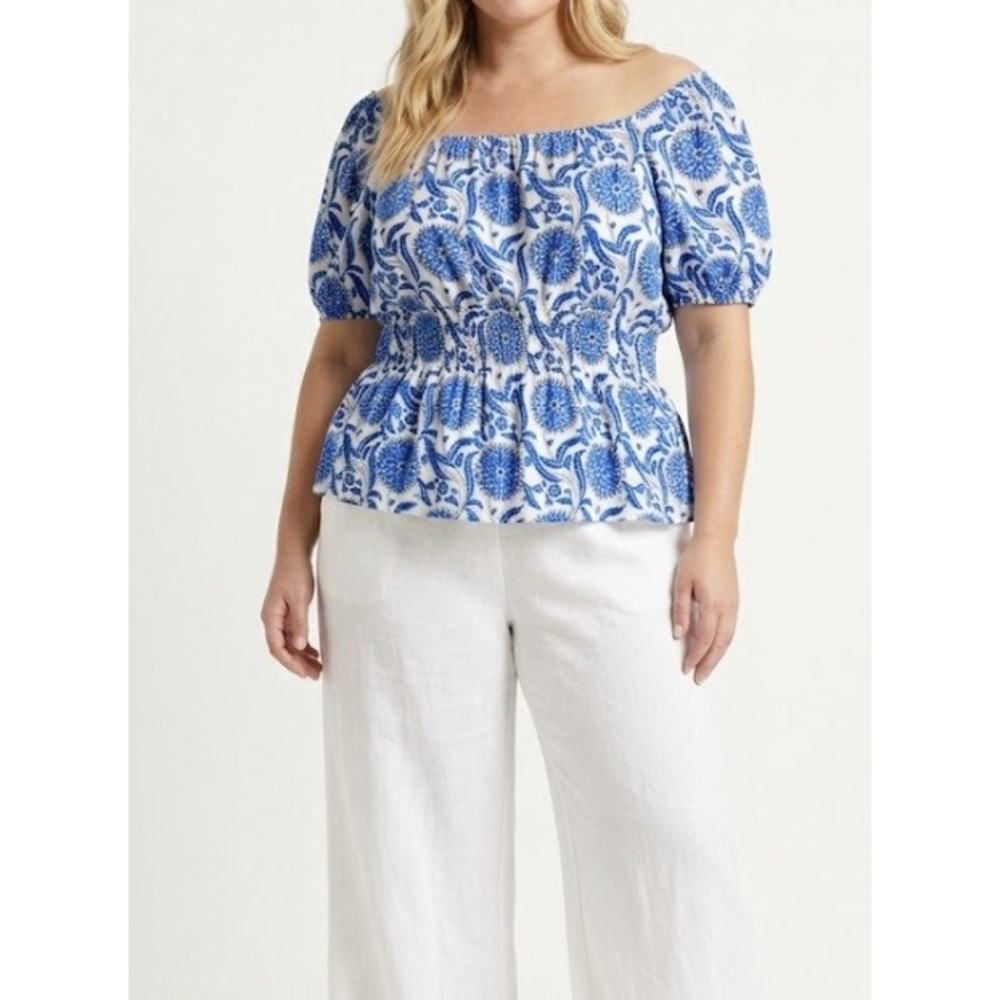 Talbots Floral Smocked Blouse XL Blue White Puff Sleeve Peplum Vacation